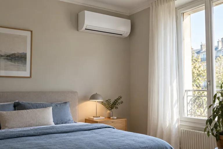 Unitate albă de aer condiționat instalată într-un dormitor cu lenjerie albastră și lumină naturală