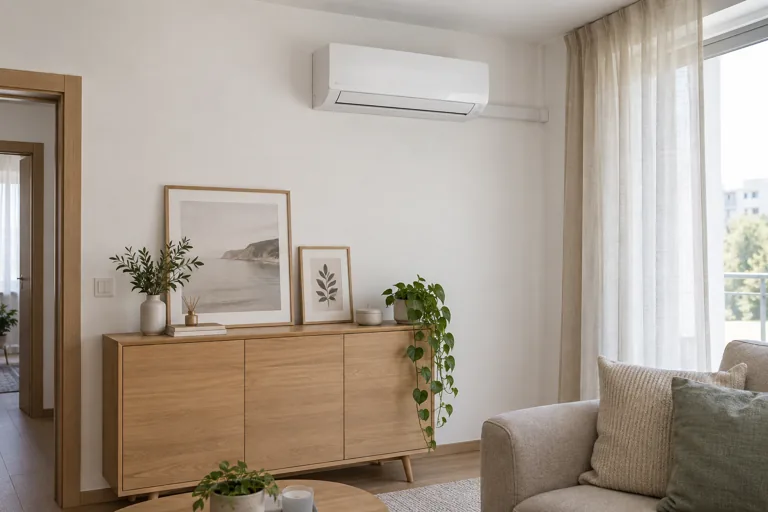 Aparat de aer condiționat montat pe peretele unui living luminos, deasupra unui dulap din lemn