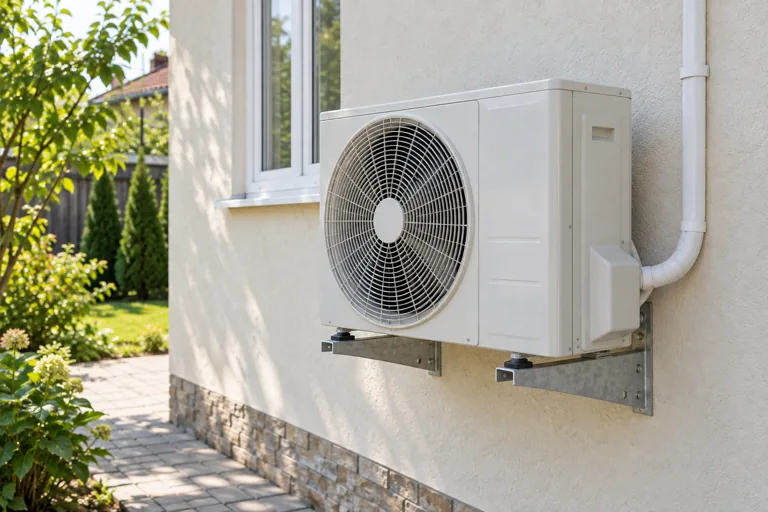 Unitate exterioară de aer condiționat fixată pe console metalice, pe fațada unei case
